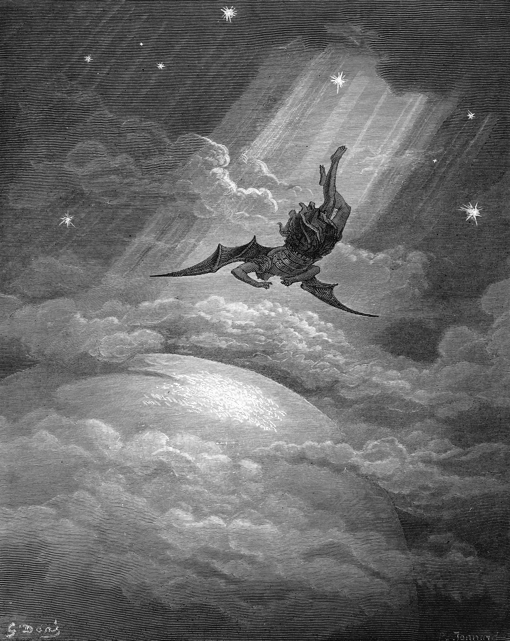 Classical engraving - The Fall from Paradise Lost by Gustave Doré
